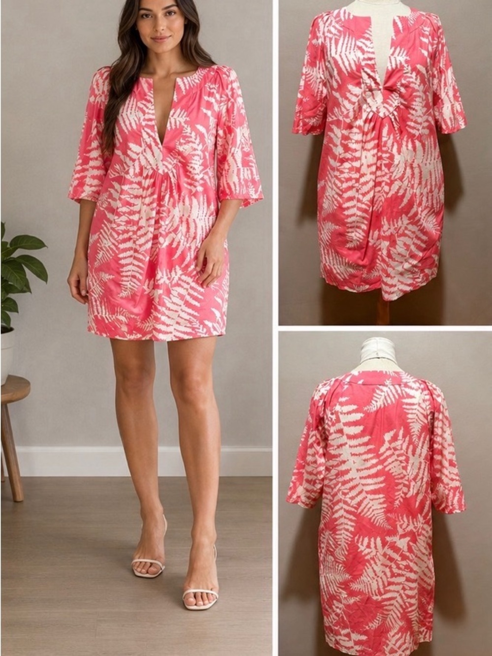 Coral Pink Fern-Print V-Neck Midi Dress